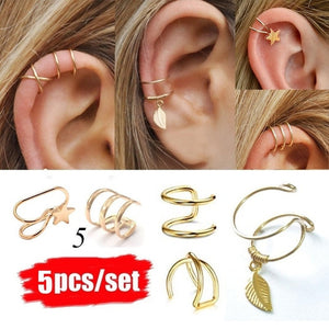 2019 Fashion 5Pcs/Set Ear Cuffs Gold Leaf Ear Cuff Clip Earrings for Women Climbers Earcuff No Piercing Fake Cartilage Earring