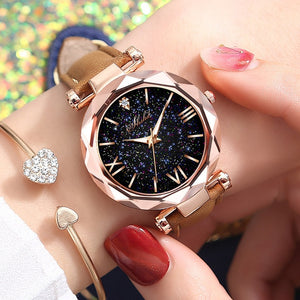 Women Watch Fashion Leather Band Ladies Quartz Wrist Watch Starry Sky Round Dial Roman Number Rhinestone Leather Band Watch