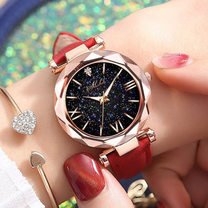 Women Watch Fashion Leather Band Ladies Quartz Wrist Watch Starry Sky Round Dial Roman Number Rhinestone Leather Band Watch