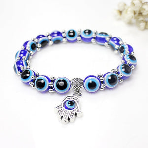 Adjustable New Arrival Women Elastic 1PC Hand Fatima Palm Men Gifts Beads Bracelet Unique Flower Lucky Blue Eye Silver