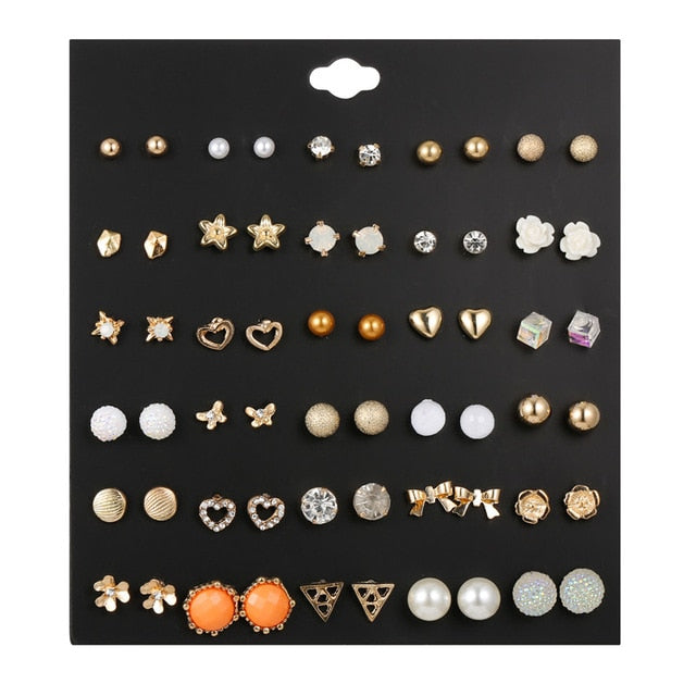 30Pairs/set Classic Mix Round Ball Bow Elephant Heart Flower Owl Love Pearl Bead Stud Earrings Sets For Women Girl Gifts Jewelry