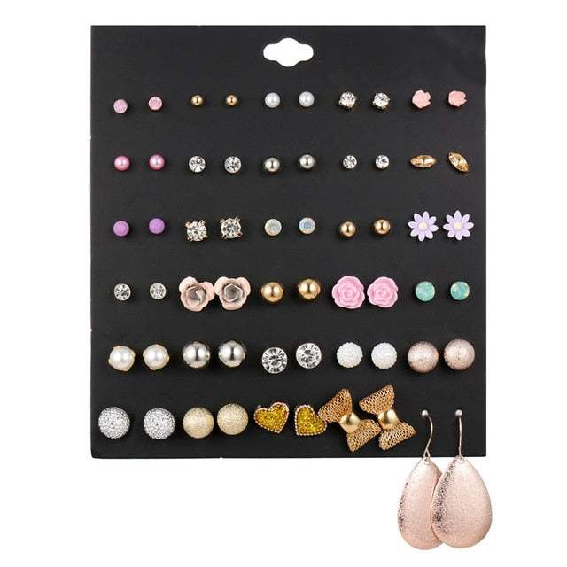 30Pairs/set Classic Mix Round Ball Bow Elephant Heart Flower Owl Love Pearl Bead Stud Earrings Sets For Women Girl Gifts Jewelry