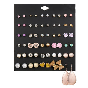 30Pairs/set Classic Mix Round Ball Bow Elephant Heart Flower Owl Love Pearl Bead Stud Earrings Sets For Women Girl Gifts Jewelry