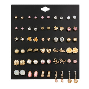 30Pairs/set Classic Mix Round Ball Bow Elephant Heart Flower Owl Love Pearl Bead Stud Earrings Sets For Women Girl Gifts Jewelry