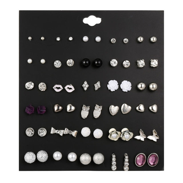 30Pairs/set Classic Mix Round Ball Bow Elephant Heart Flower Owl Love Pearl Bead Stud Earrings Sets For Women Girl Gifts Jewelry