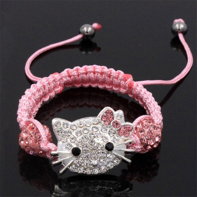 Kids Kitty Cat head Crystal Bracelets For Children Cute Shamballa Bracelet Bangles Strand Bracelets For Girls Jewelry Gift