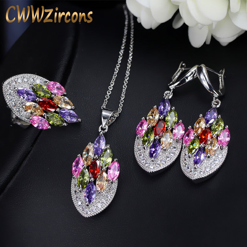 CWWZircons Artistic Vintage Cubic Zircon Jewelry Colorful CZ Crystal 925 Silver Ring Pendant Necklace Earring Set for Women T001