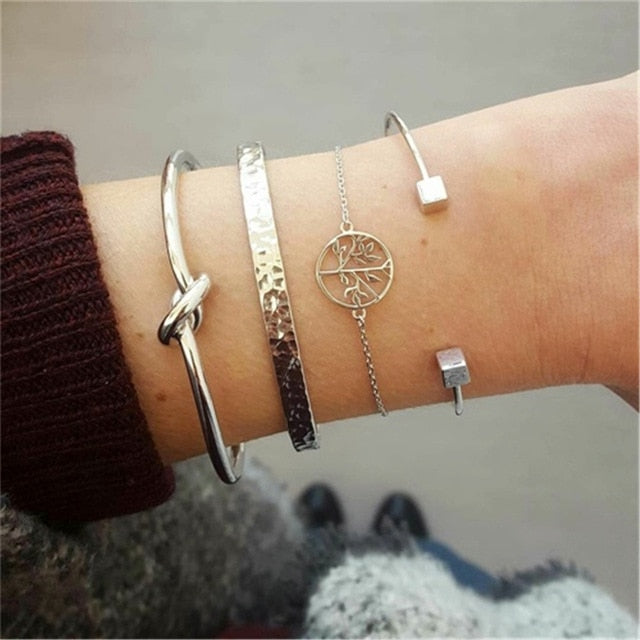 4 pcs/set Fashion Bohemia Leaf Round Knot cuff Bangle Gold Chain Charm Bracelet Bangle for Women Simple Geometric Bracelets