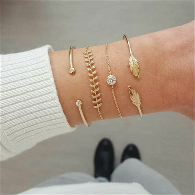 4 pcs/set Fashion Bohemia Leaf Round Knot cuff Bangle Gold Chain Charm Bracelet Bangle for Women Simple Geometric Bracelets