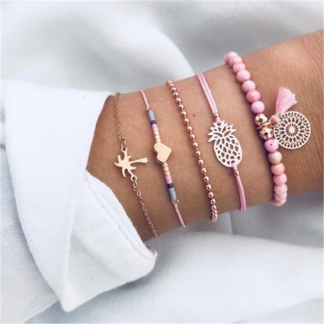 4 pcs/set Fashion Bohemia Leaf Round Knot cuff Bangle Gold Chain Charm Bracelet Bangle for Women Simple Geometric Bracelets