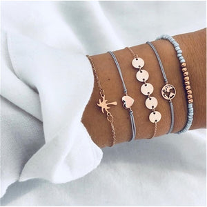 4 pcs/set Fashion Bohemia Leaf Round Knot cuff Bangle Gold Chain Charm Bracelet Bangle for Women Simple Geometric Bracelets