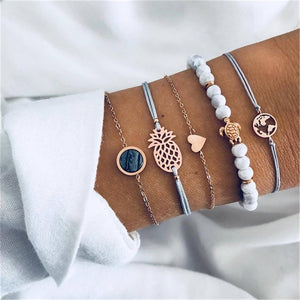 4 pcs/set Fashion Bohemia Leaf Round Knot cuff Bangle Gold Chain Charm Bracelet Bangle for Women Simple Geometric Bracelets