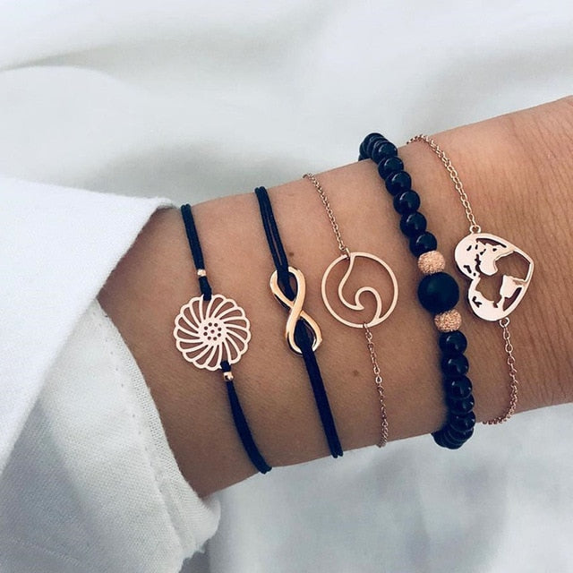 4 pcs/set Fashion Bohemia Leaf Round Knot cuff Bangle Gold Chain Charm Bracelet Bangle for Women Simple Geometric Bracelets