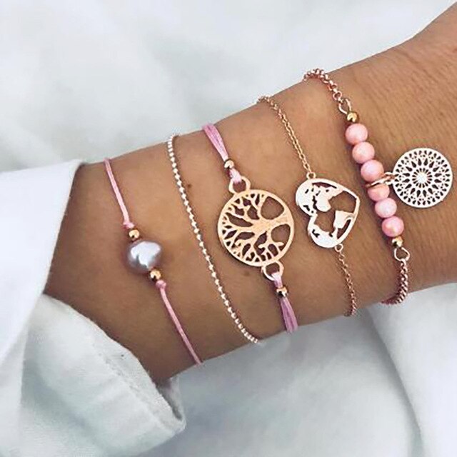 4 pcs/set Fashion Bohemia Leaf Round Knot cuff Bangle Gold Chain Charm Bracelet Bangle for Women Simple Geometric Bracelets