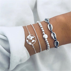 4 pcs/set Fashion Bohemia Leaf Round Knot cuff Bangle Gold Chain Charm Bracelet Bangle for Women Simple Geometric Bracelets