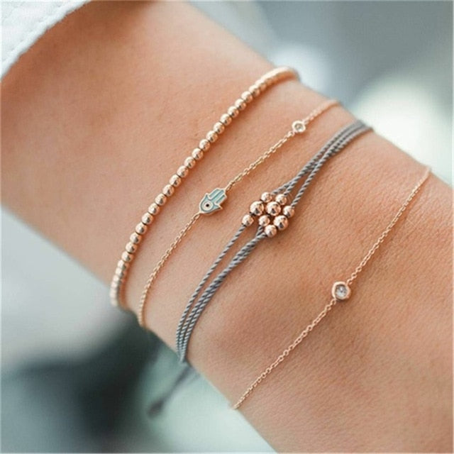 4 pcs/set Fashion Bohemia Leaf Round Knot cuff Bangle Gold Chain Charm Bracelet Bangle for Women Simple Geometric Bracelets