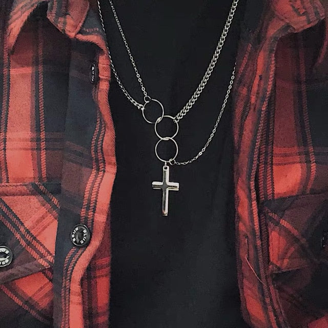 HUANZHI 2019 New Personality Cross Square Metal Multilayer Hip hop Long Chain Cool Simple Necklace For Women men Jewelry Gifts