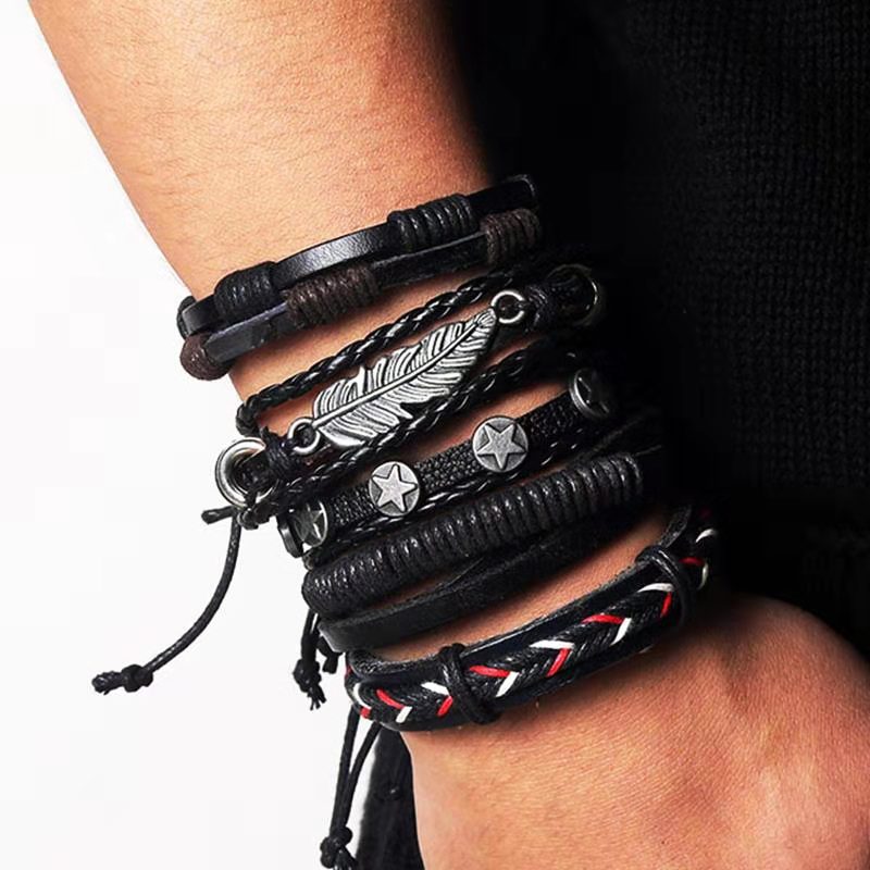 IFMIA Vintage Leather Bracelet Fashion Hand-knitted Multi-layer Leather Feather Leaf Bracelet and Fashion Men's Bracelet Gift