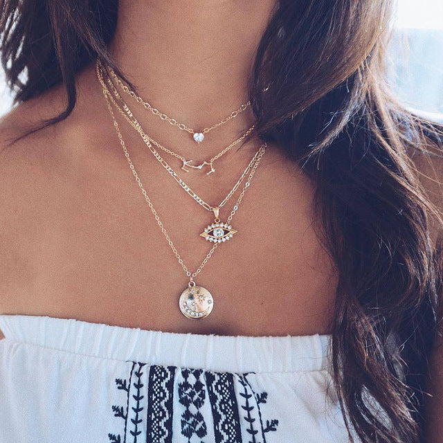 FAMSHIN Bohemian Multi layer Pendant Necklaces For Women Fashion Golden Geometric Charm Chains Necklace Wholesale Jewelry New