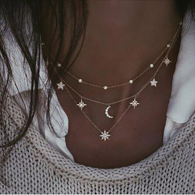 FAMSHIN Bohemian Multi layer Pendant Necklaces For Women Fashion Golden Geometric Charm Chains Necklace Wholesale Jewelry New