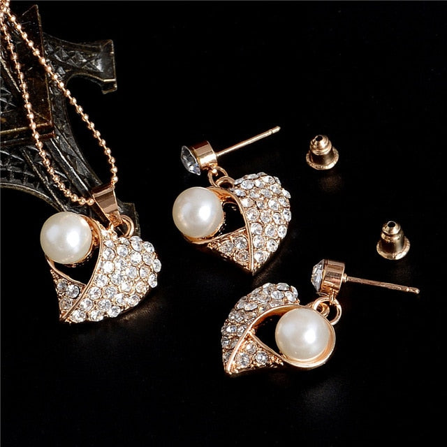 Elegant Simulated Pearl Bridal Jewelry Sets Wedding Jewelry Leaf Crystal Gold  Silver Color Necklaces Earrings Sets Women