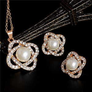 Elegant Simulated Pearl Bridal Jewelry Sets Wedding Jewelry Leaf Crystal Gold  Silver Color Necklaces Earrings Sets Women