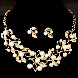 Elegant Simulated Pearl Bridal Jewelry Sets Wedding Jewelry Leaf Crystal Gold  Silver Color Necklaces Earrings Sets Women