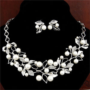 Elegant Simulated Pearl Bridal Jewelry Sets Wedding Jewelry Leaf Crystal Gold  Silver Color Necklaces Earrings Sets Women