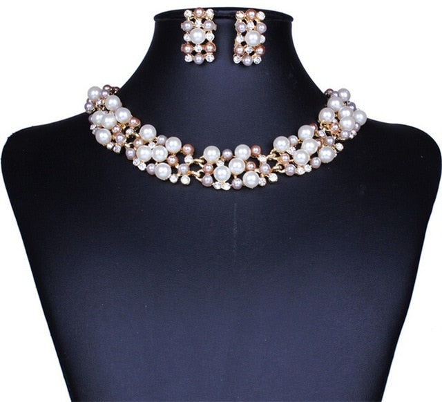 Elegant Simulated Pearl Bridal Jewelry Sets Wedding Jewelry Leaf Crystal Gold  Silver Color Necklaces Earrings Sets Women