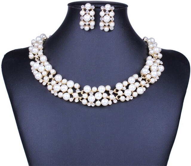 Elegant Simulated Pearl Bridal Jewelry Sets Wedding Jewelry Leaf Crystal Gold  Silver Color Necklaces Earrings Sets Women