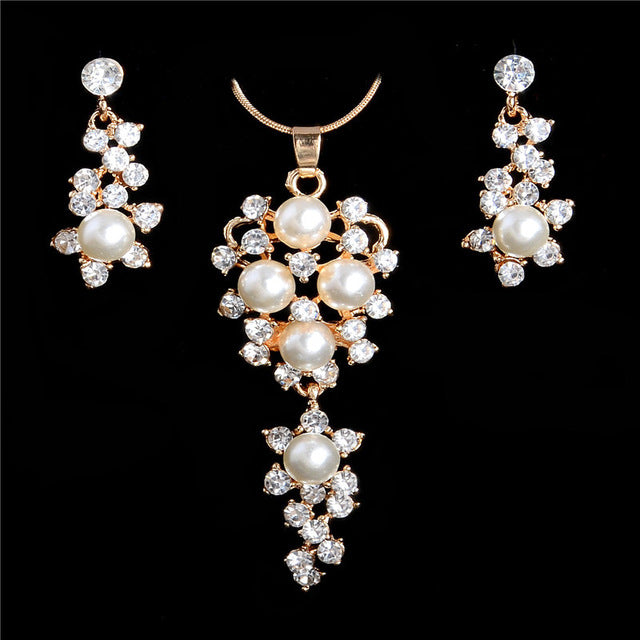 Elegant Simulated Pearl Bridal Jewelry Sets Wedding Jewelry Leaf Crystal Gold  Silver Color Necklaces Earrings Sets Women