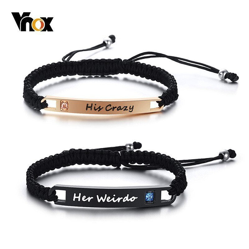 Vnox Adjustable Couple Bracelets for Women Men Engraved Love Words Stainless Steel Bar AAA CZ Stone Insert Gift for Him Her