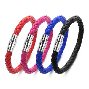 LOULEUR New Colorful Red Blue Leather Bracelet for Men Women Braided Stainless Steel Leather Male Bracelets Bangles Men Jewelry