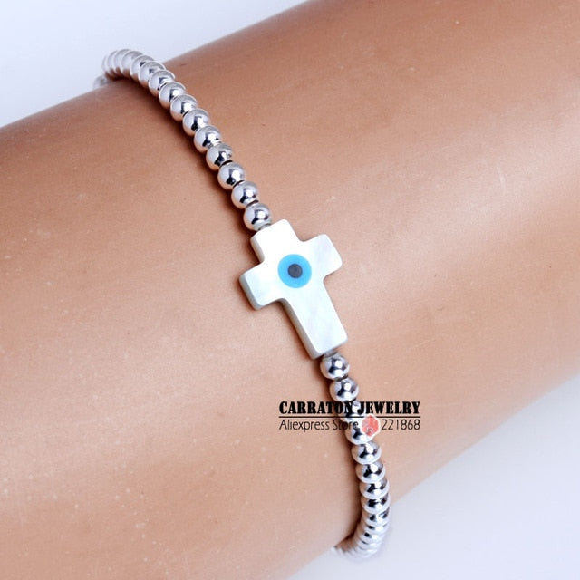 KALETINE Fashion 925 Sterling Silver Beads Bracelets MOP Shell Hamsa Hand of Fatima Evil Eye Cross Lucky Turkish Charm Bracelet