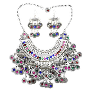 Afghan Silver Coin Tassel Big Bib Statement Necklace & Earring Sets for Women Turkish Gypsy Rhinestone Necklace Party  Jewelry