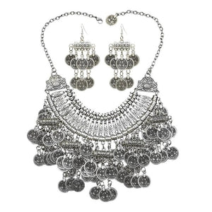 Afghan Silver Coin Tassel Big Bib Statement Necklace & Earring Sets for Women Turkish Gypsy Rhinestone Necklace Party  Jewelry