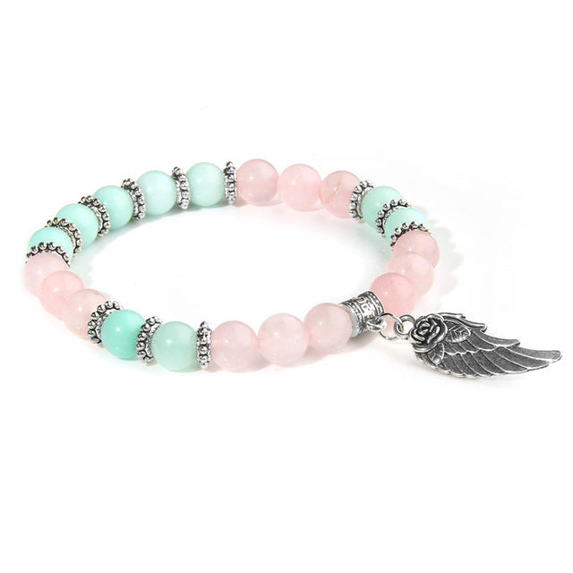 Rose Quartzs Beads Bracelets Women Charm Angel Wings Pendent Bracelets for Women Girls Fashion Bracelets Natural Stone Jewelry