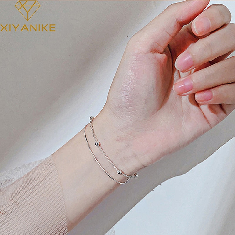 XIYANIKE 925 Sterling Silver Snake Chain Simple Bead Double Layer Bracelet Charm Women Trendy Wedding Party Jewelry Adjustable