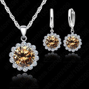 High Quality Sunflowers 925 Sterling Silver Cubic Zircon Wedding Jewelry Set Necklace Pendant Earrings Fashion Women Set