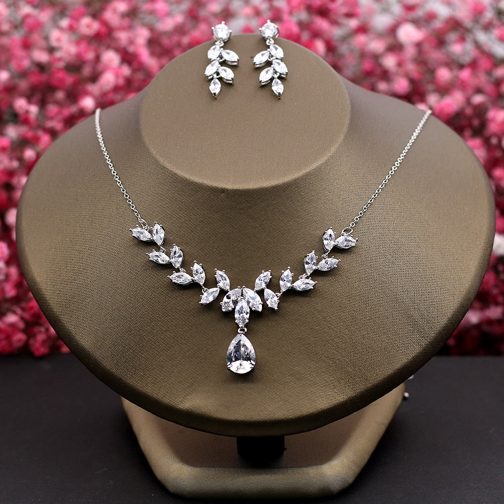 Marquise Cut Cubic Zirconia Necklace Earrings Jewelry Sets for Wedding Plant Design Zircon Stone Choker with Drop Earring Gifts