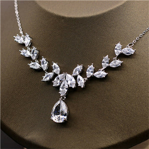 Marquise Cut Cubic Zirconia Necklace Earrings Jewelry Sets for Wedding Plant Design Zircon Stone Choker with Drop Earring Gifts