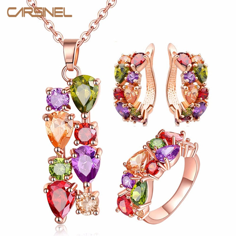 CARSINEL Colorful Jewelry Sets Cubic Zircon Hypoallergenic Rose Gold color Necklace/ Earrings/Ring Wedding Jewelry for Women