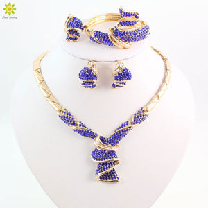 Fashion High Quality Nigerian Wedding African Beads Jewelry Sets Blue Crystal Dubai Gold Color Big Jewelry Sets Costume