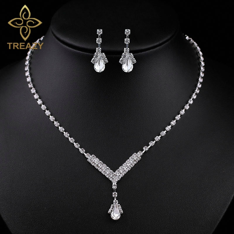 TREAZY Simple V Shape Teardrop Bridal Bridesmaid Jewelry Sets Crystal Fashion Wedding Jewelry Necklace Earrings Set for Women