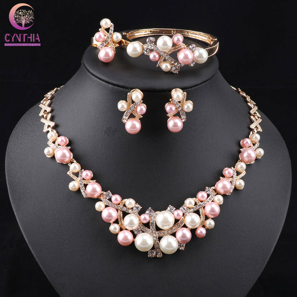 New Arrival Gold color Crystal Colorful Pearl Necklace Jewelry Set Women Imitation Wedding Fashion Pearl Jewelry WB-2001