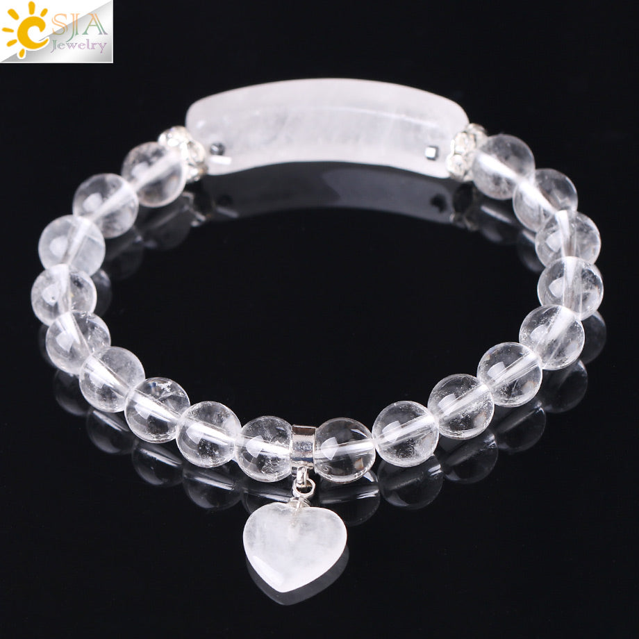 CSJA Reiki Boho Natural Gem Stone White Clear Quartz Rock Crystal Bracelet for Men Women Lover Heart Pendant Chakra Jewelry F277