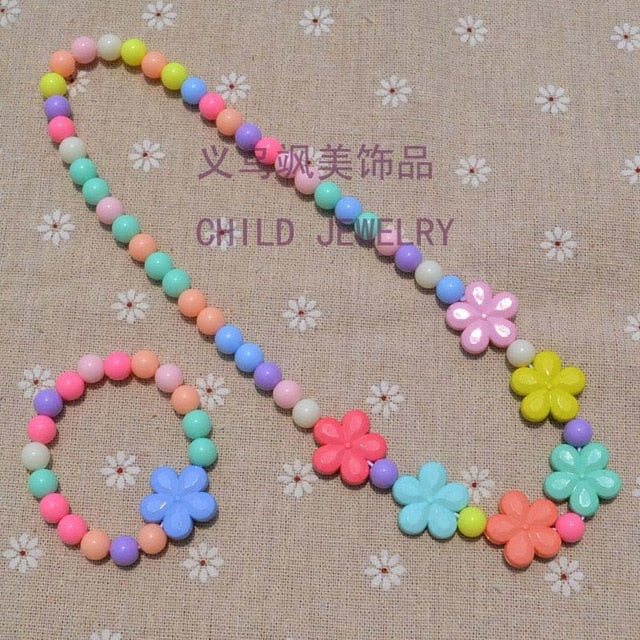 New Style Cute Girl's Gifts Cartoon Children Lovely Jewelry sets Mix Color Acrylic Beads Flower Necklace And Bracelet