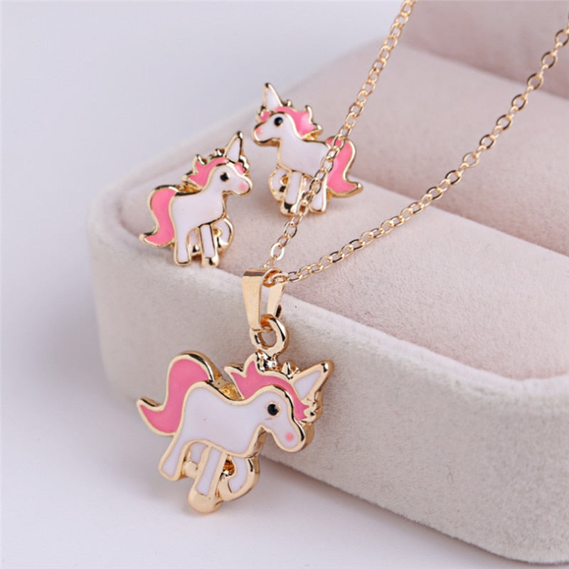 Hot Sale Pink Animal Jewelry Set Chain Kids Jewelry Cartoon Horse Unicorn Necklace Earring Jewelry Sets For Girls Best Gifts