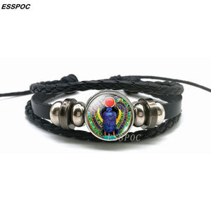 Ancient Egypt Leather Bracelet Egyptian Goddess Glass Dome Black Leather Bracelet Multilayer Braided Bangle Fashion Jewelry Gift