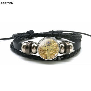 Ancient Egypt Leather Bracelet Egyptian Goddess Glass Dome Black Leather Bracelet Multilayer Braided Bangle Fashion Jewelry Gift